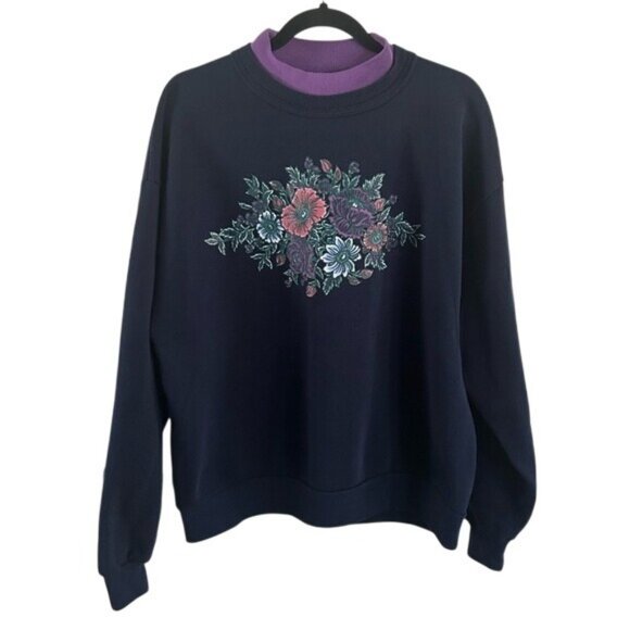 Vintage Morning Sun Grandma Floral Sweater Size Large Made in USA Purple Navy - Picture 1 of 16
